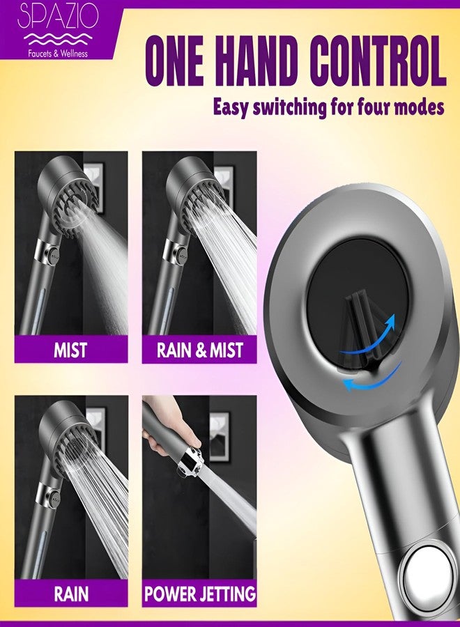 SPAZIO دش يدوي SPAZIO لتنقية المياه العسرة، يساعد على تقليل تساقط الشعر، متعدد الوظائف، مزود بنقاط تدليك، مقاوم للصدأ، مع أنبوب أسود بطول 1.5 متر وخطاف جداري. - Image 4